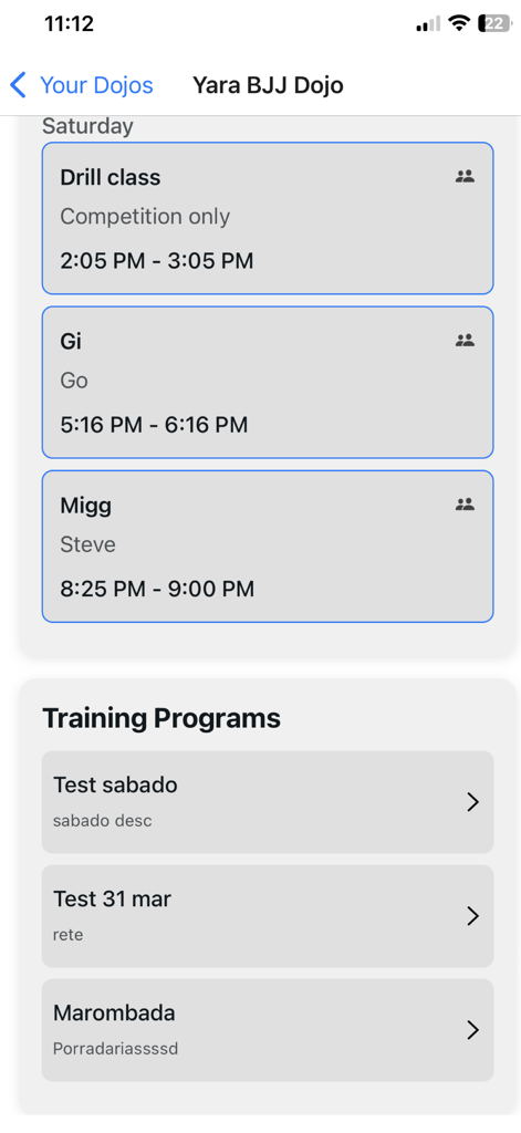 Mobile interface of the Dojo app displaying a BJJ class schedule and a list of training programs
