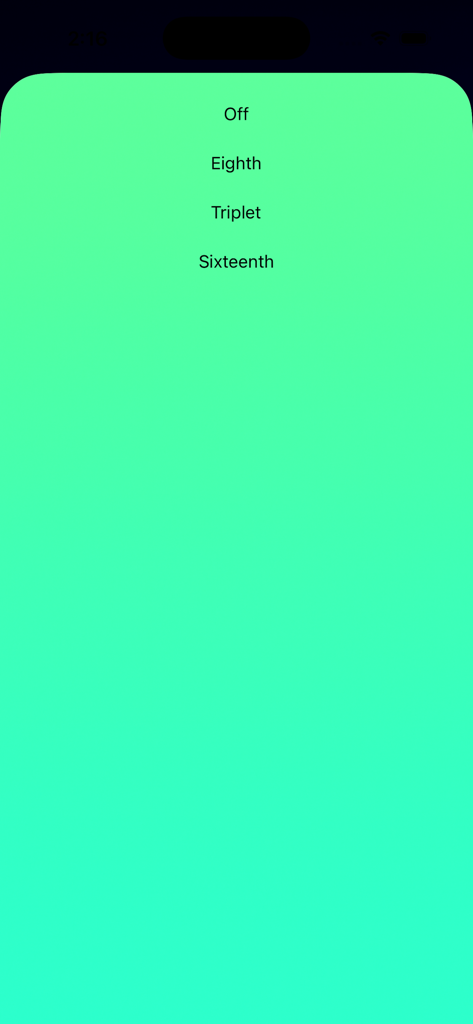 A menu in the Metronome Pro Tempo app showing options for rhythmic subdivisions including Eighth, Triplet, and Sixteenth notes.