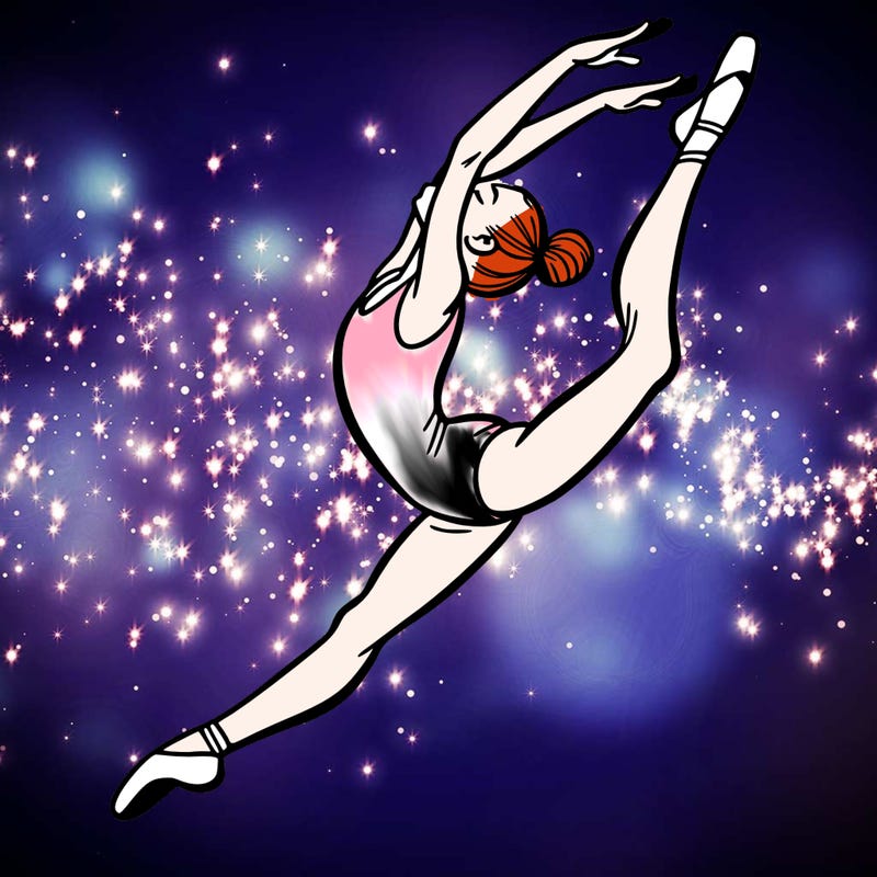 gymnast doing a leap in a leotard with a bent back leg