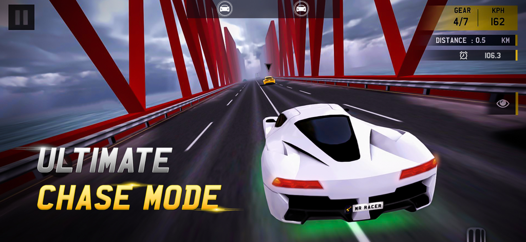 MR RACER - A white supercar racing on a bridge with red beams in MR RACER Ultimate Chase Mode.
