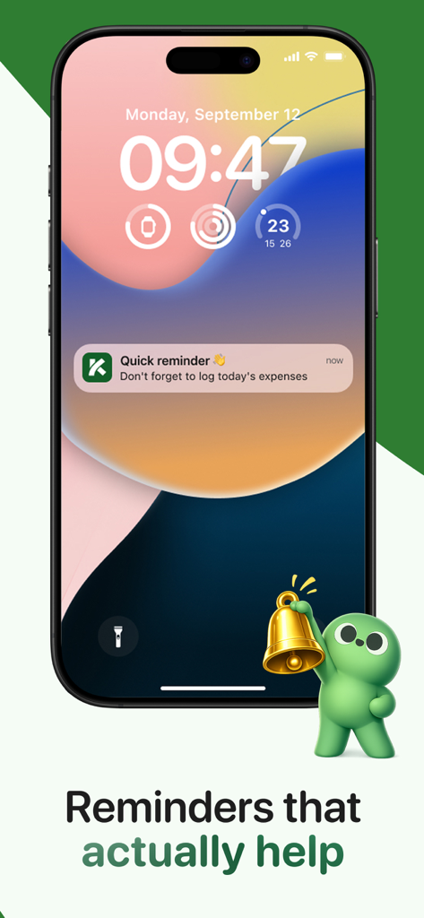 Kesef: Expense Tracker - Tela de bloqueio do iPhone mostrando um lembrete de notificação do aplicativo Kesef para registrar despesas diárias