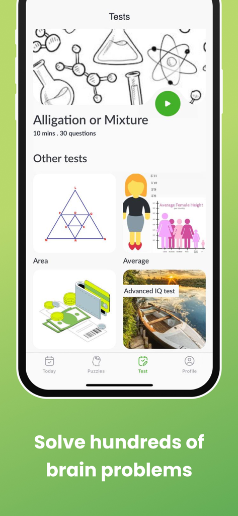Genius Brain Training - Screen of the Genius Brain Training app showing various cognitive tests including math, area, and advanced IQ assessments.