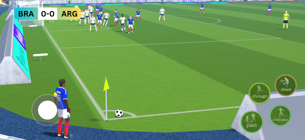 Football League Gems - Gameplay screen of Football League Gems showing a player taking a corner kick during a Brazil versus Argentina match