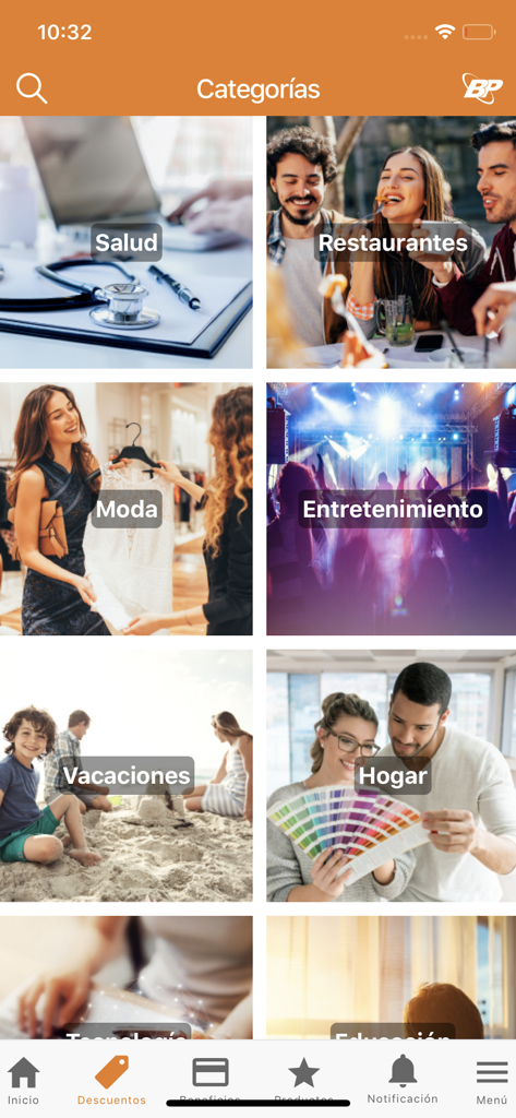 BP Promociones app screen showing various discount categories like health restaurants fashion and entertainment