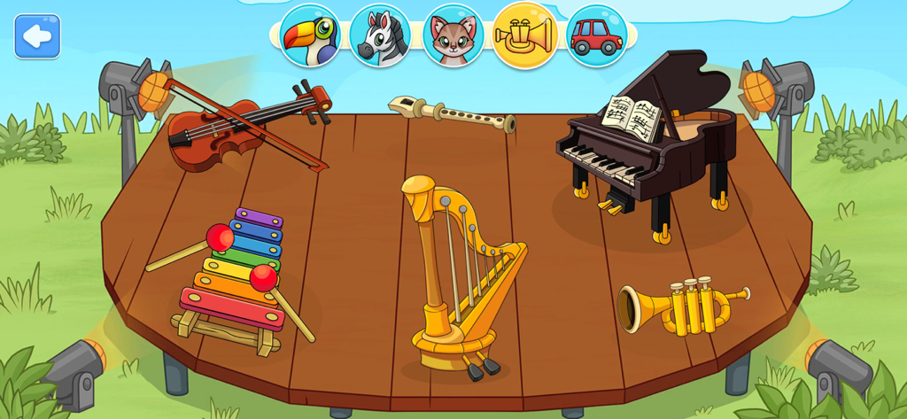 Baby Piano, Drums, Xylo & more - A variety of musical instruments for toddlers on a wooden stage with spotlights
