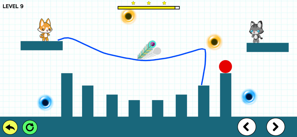 Brain It On! : Cat & Dog - Physics puzzle gameplay in Brain It On Cat and Dog showing a line drawn to connect pet characters on a grid