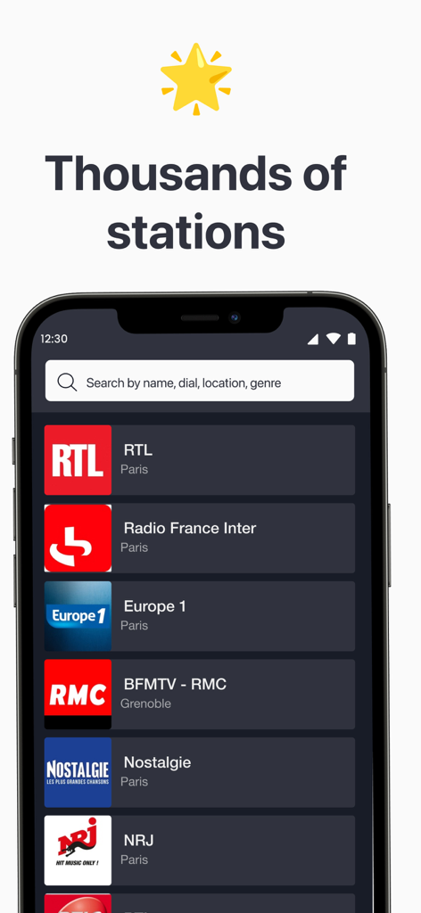 Radio France - FM Radio - Una pantalla de smartphone que muestra una lista de emisoras de radio francesas como RTL y Europe 1 en la aplicación Radio France FM