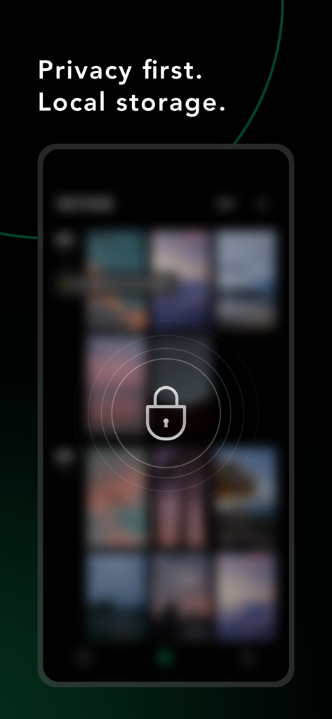 A smartphone display showing the WeCamera app privacy feature with a lock icon and text stating Privacy first. Local storage.
