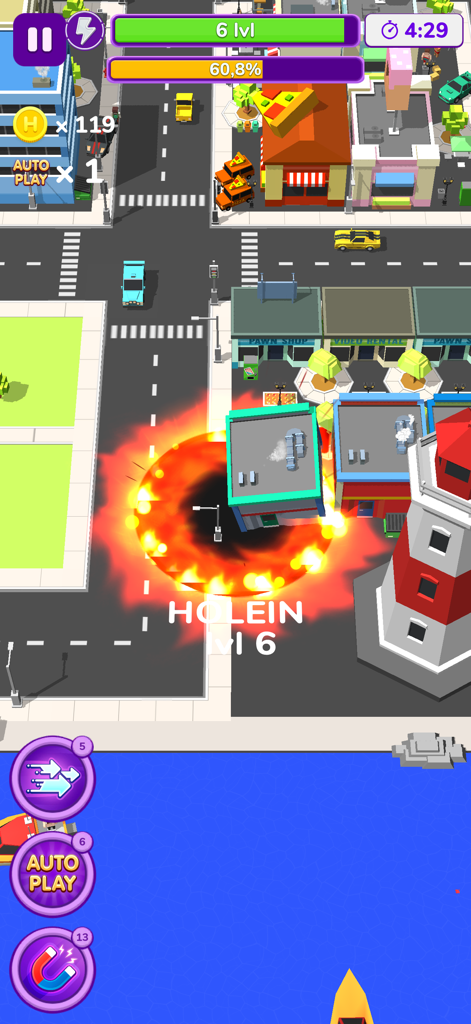 Un agujero negro ígneo de nivel 6 devorando un edificio en un mapa de ciudad dentro del juego móvil Holein.