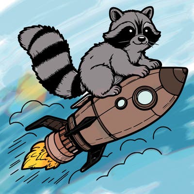 realistic raccoon flying on top rocket ship