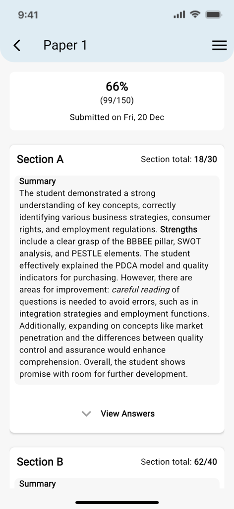 ExamEase - ExamEase app interface showing an AI graded exam score of 66 percent with detailed summary feedback on student performance