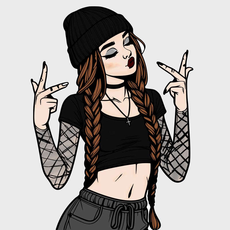 realistic teenage girl with braids and a beanie and crop top doing 🫶🏼