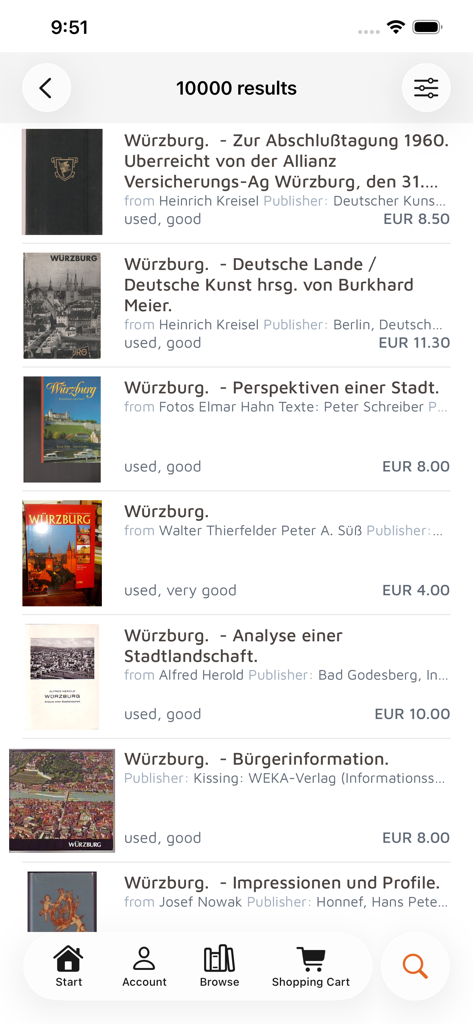 Buchfreund - Una lista de resultados de búsqueda de libros raros y usados en la aplicación Buchfreund que muestra títulos, condiciones y precios