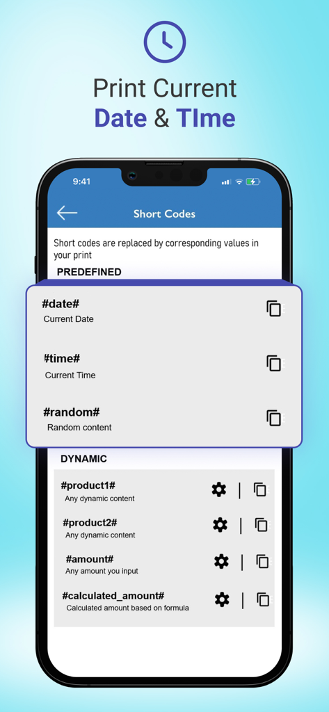 Interface showing short codes for dynamic receipt printing including date time and product amounts