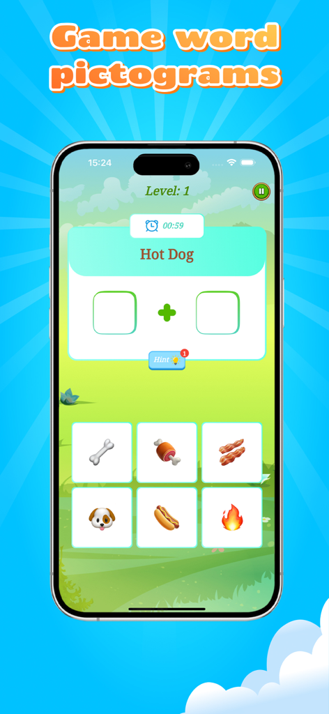 Emoji Merge - DIY Icon Mixer - Emoji Merge mobile app screen showing a word puzzle game to create a hot dog