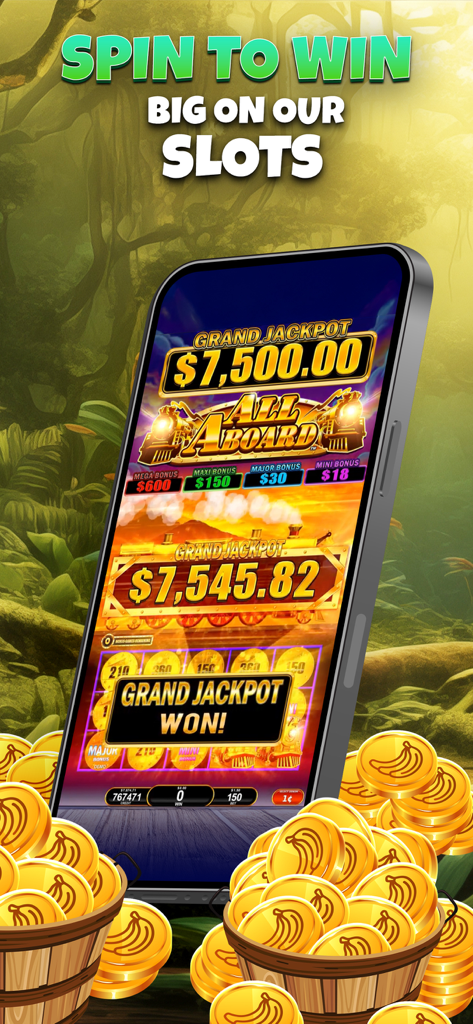 BananaBets – Slots & More - A mobile phone displaying a grand jackpot win on a train themed slot machine with golden banana coins in the foreground.