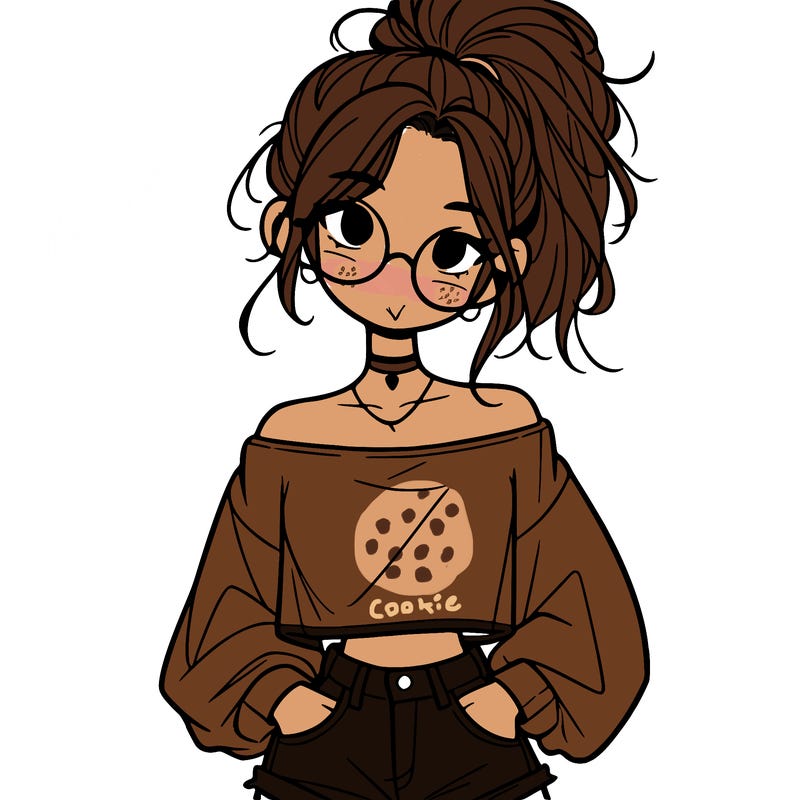 girl with a messy ponytail glasses a baggy crop top and jean shorts