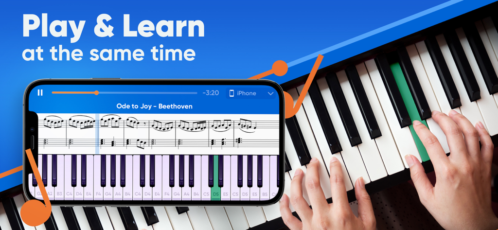 Piano Way - Learn to Play - Person playing a real piano while using the Piano Way app on a smartphone to follow sheet music