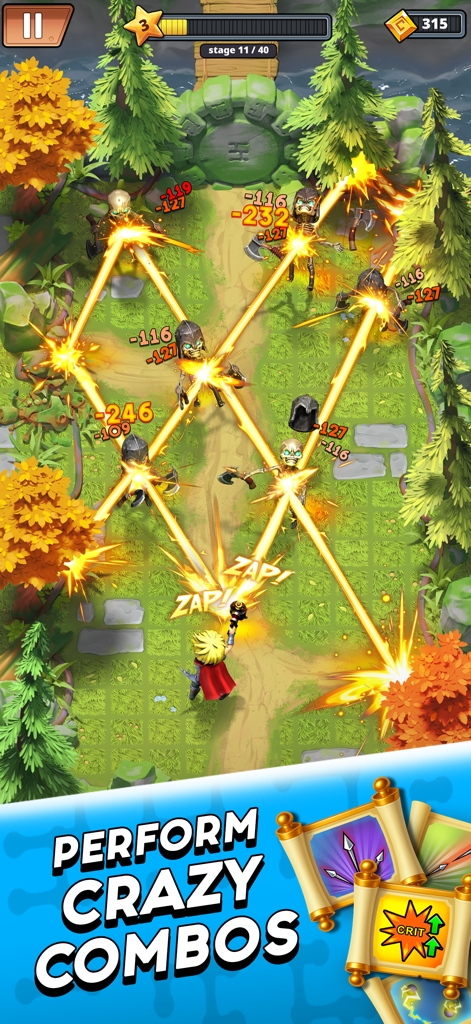 Guns vs Magic - Battle RPG - Guns vs Magicのゲームプレイ画面。黄色いエネルギービームが森の敵数体にヒットするクレイジーなコンボを披露するヒーローが表示されている。