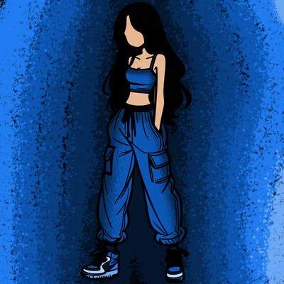 girl in baggy pants crop top and long hair