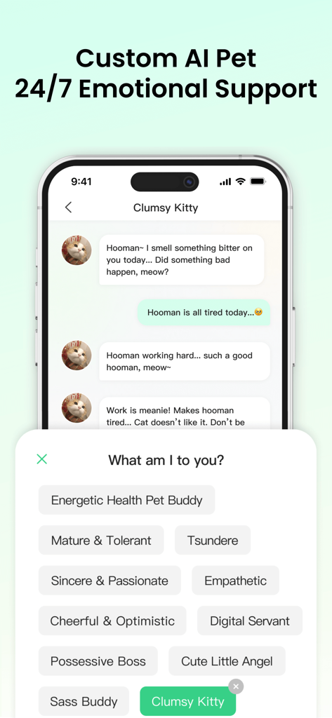 PulseBuddy AI custom pet chat interface for emotional support and personality selection