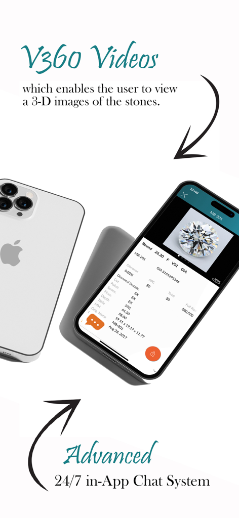MID House of Diamonds mobile app displaying a 3D diamond viewer and the 24/7 in-app chat system