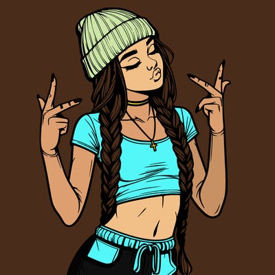 realistic teenage girl with braids and a beanie and crop top doing 🫶🏼