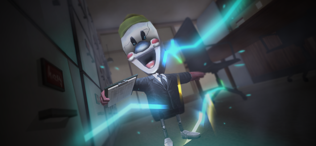 Ice Scream 4: Rods Factory - 파란색 전기 효과를 띠며 서류철을 들고 있는 정장 차림의 미니 로드 캐릭터가 사무실에 있음