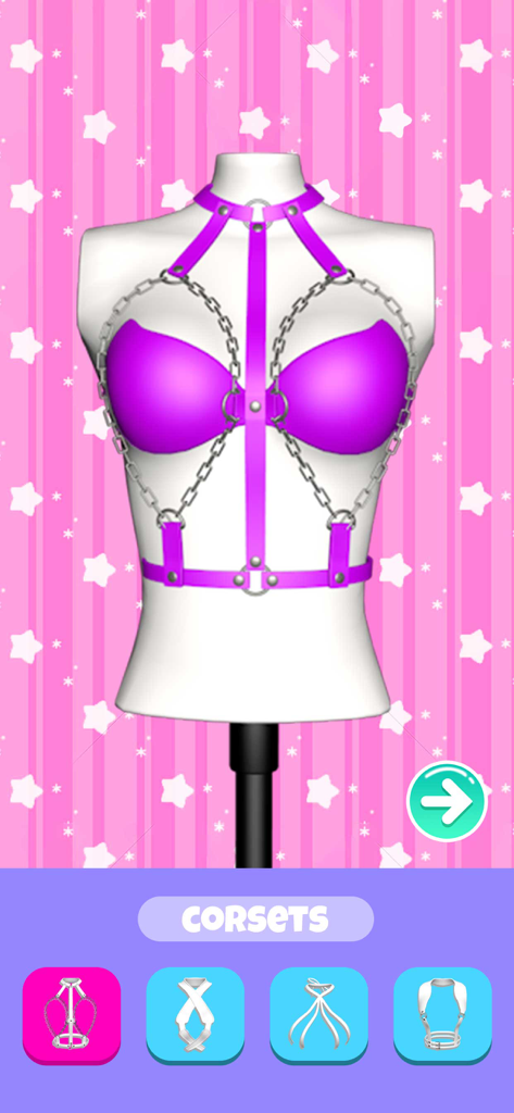 Bikini DIY: Bra Bikini Games - Mannequin usando um sutiã roxo com uma corrente no pescoço em um jogo de design de moda