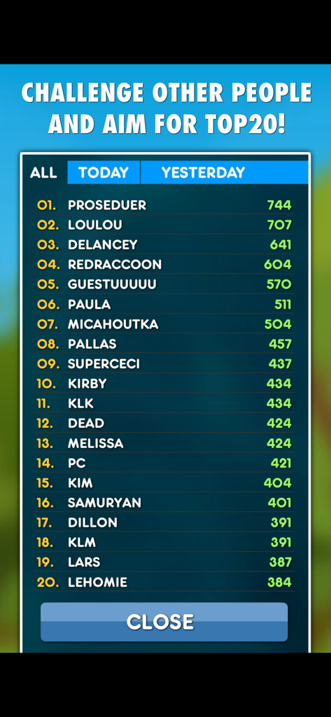 Global leaderboard screen in the Synonyms PRO app showing the top 20 player rankings and scores
