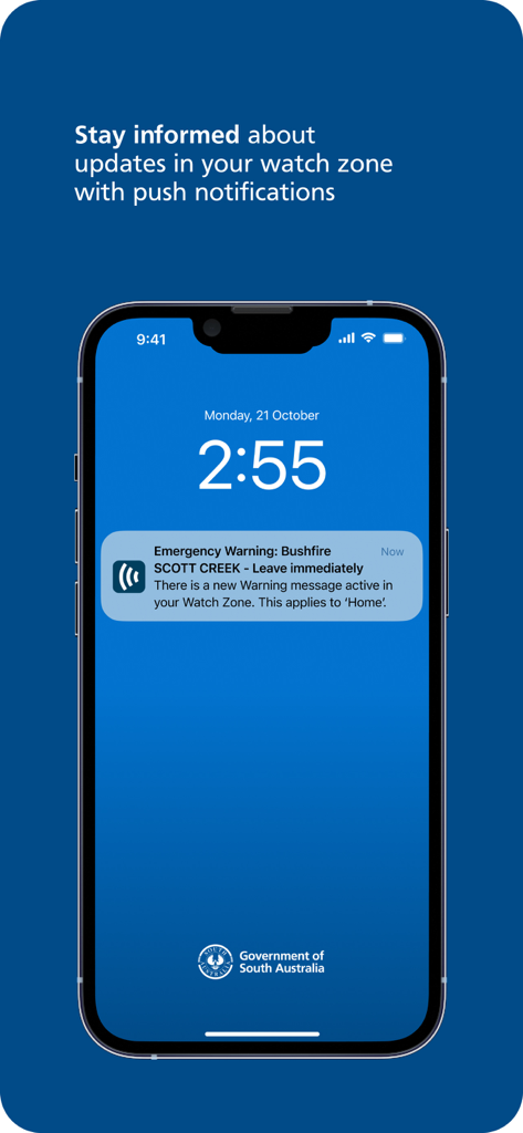 Smartphone screen showing an emergency bushfire alert from the Alert SA app
