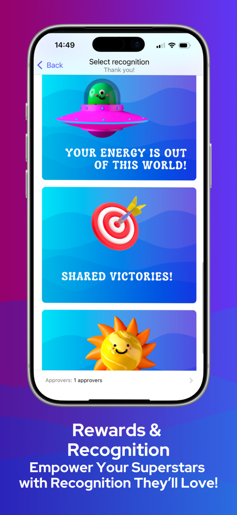 Espresa app employee recognition screen featuring colorful badges like Shared Victories and Out of This World