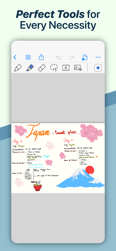 QuickNotes X mobile app displaying a colorful digital travel plan for Japan with handwriting and drawings