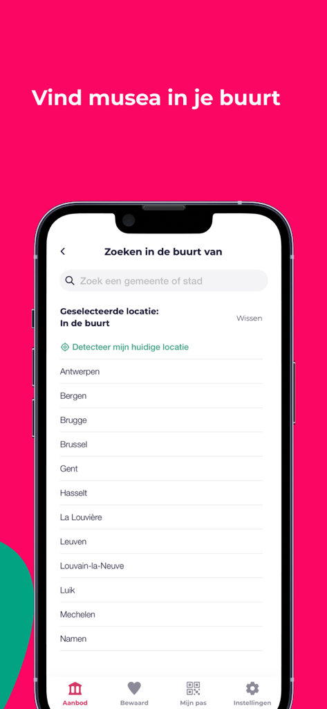 museumpas - Mobile search interface of the museumpas app listing Belgian cities to find museums nearby