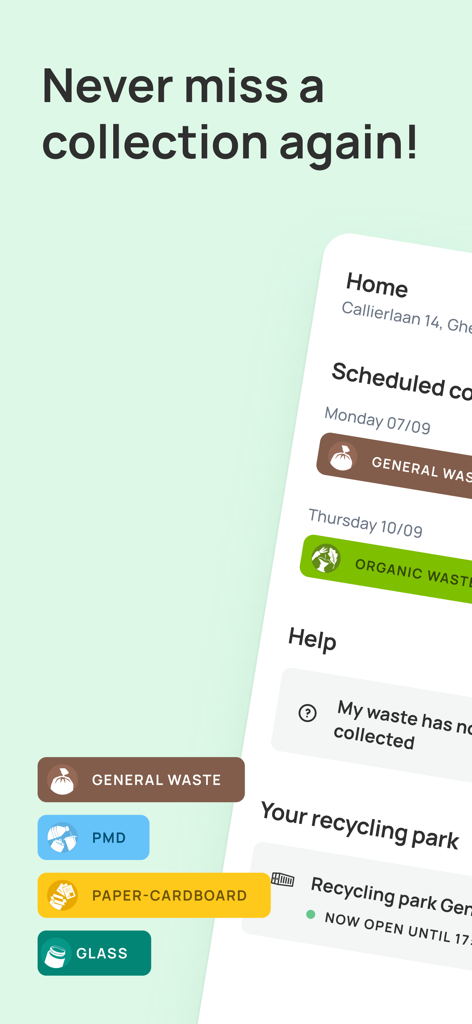Recycle! - Collection calendar - Recycle app interface showing scheduled waste collections and local recycling park details