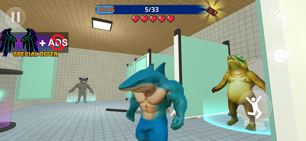 Um personagem tubarão azul musculoso em um nível de banheiro do jogo de aventura Fuga da Prisão.