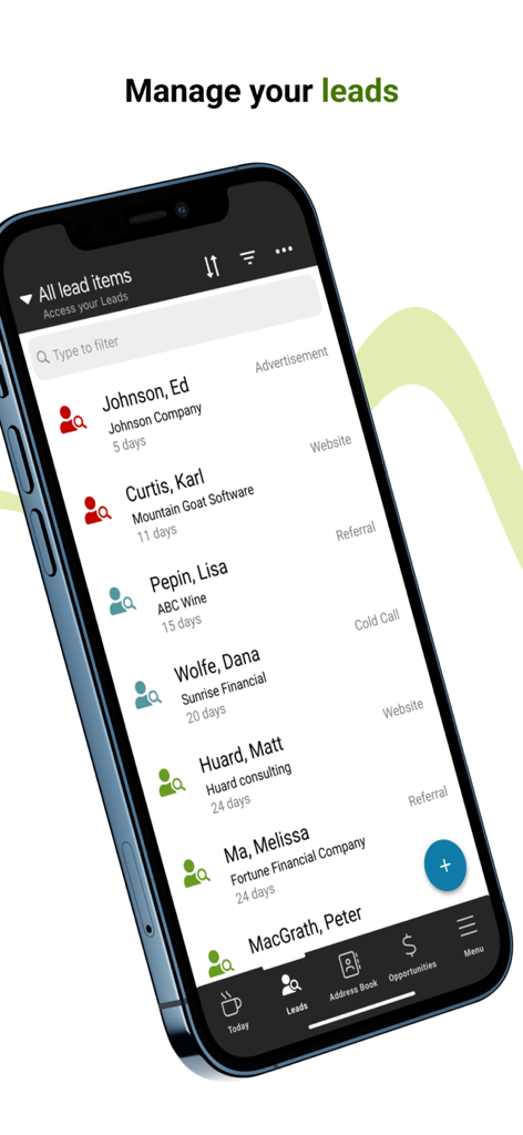 Maximizer - Maximizer CRM mobile app interface showing a list of sales leads and companies