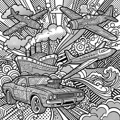 Embark on an exhilarating coloring journey with this dynamic Pop Art design, showcasing classic vehicles amidst a burst of comic-inspired energy. Perfect for adult colorists seeking intricate details and a vibrant artistic challenge.