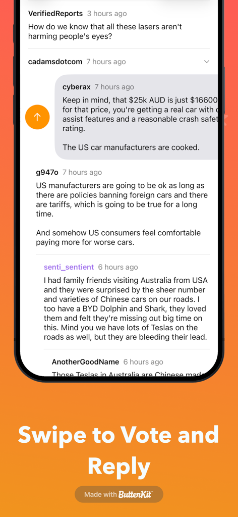 Hackers for Hacker News - Une capture d'écran de l'application Hackers for Hacker News montrant un geste de balayage sur un fil de discussion pour voter ou répondre.