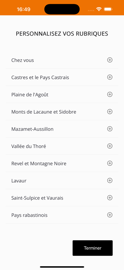 Le Journal d'Ici - Écran de personnalisation des actualités régionales dans l'application Le Journal d'Ici