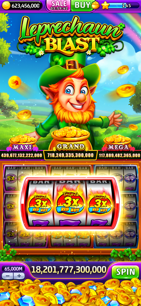 Jackpot World™ - Casino Slots - Máquina tragaperras con temática de Leprechaun Blast en la aplicación de casino Jackpot World.