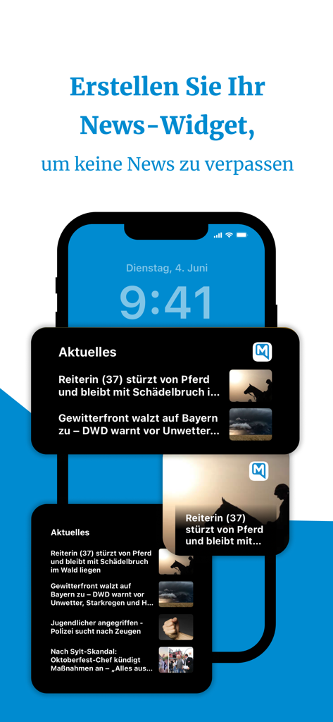 Handy-Bildschirm mit verschiedenen Nachrichten-Widget-Optionen für die Merkur-Nachrichten-App