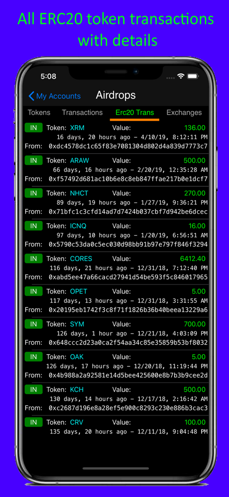 Screenshot of the Ethereum Address Explorer app displaying a detailed list of incoming ERC20 token transactions and airdrops.