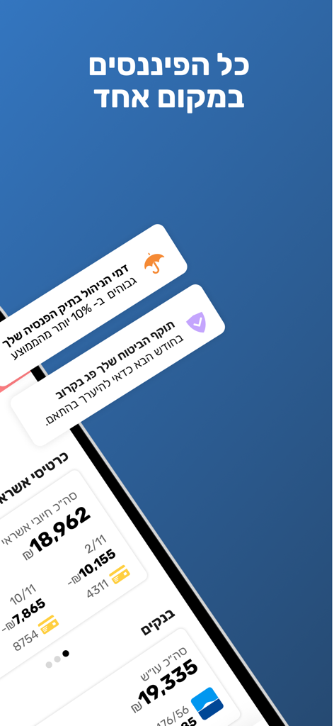 FamilyBiz - כסף ביטוח פנסיה - FamilyBiz app display showing a summary of bank accounts credit cards and pension notifications