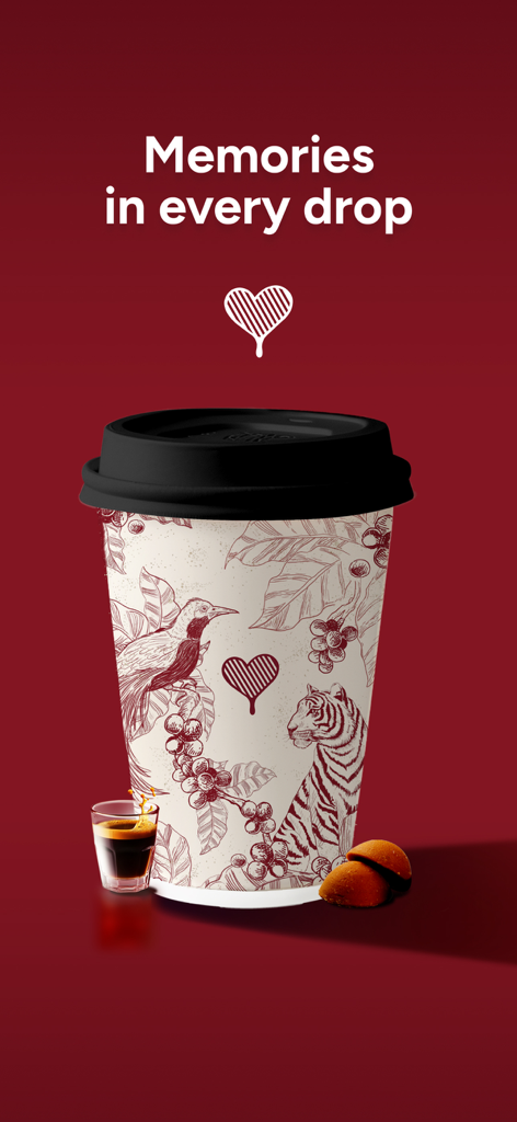 Kopi Kenangan Indonesia - A decorative Kopi Kenangan coffee cup with tiger and bird illustrations and the slogan Memories in every drop