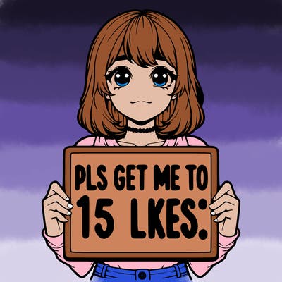 realistic girl holding up a sign that says “pls get me to 15 likes!”