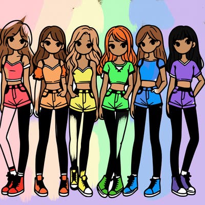 a group of girls wearing crop tops and shorts