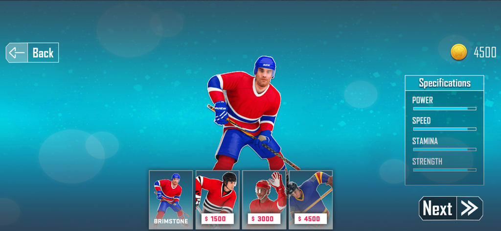 Ice Hockey Legend Sports Mania - Player selection screen showing character attributes for power, speed, stamina, and strength in Ice Hockey Legend Sports Mania