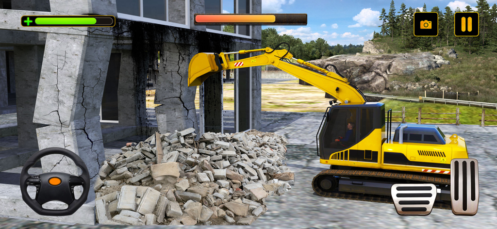 Excavator Simulator Truck Game - Yellow excavator clearing debris at a construction site in a simulator game
