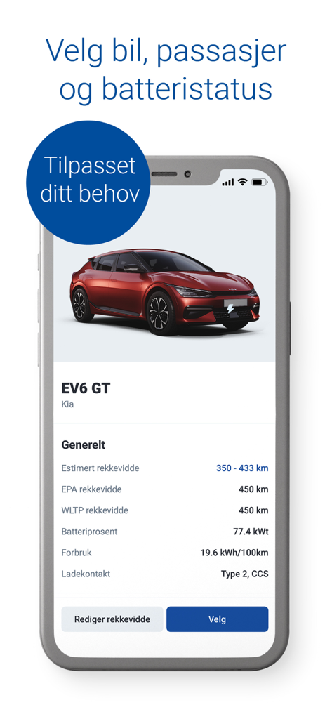 ElbilAppen-Oberfläche mit den Spezifikationen des Kia EV6 GT und geschätzter Reichweite.